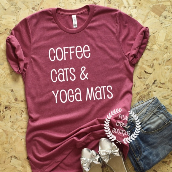 Plum Creek Boutique Tops - Coffee Cats Yoga Mats Graphic Tee - NEW NWT